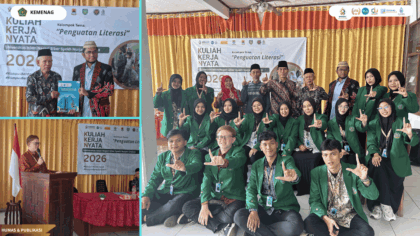 Mahasiswa KKN Kelompok 1 UIN Siber Syekh Nurjati Cirebon bersama Pemerintah Desa Astanalanggar pada pembukaan program pengabdian masyarakat di Balai Desa Astanalanggar.