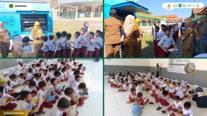 Mahasiswa KKN Kelompok 2 UIN Siber bersama Perpustakaan Daerah Kabupaten Cirebon menggelar kegiatan literasi di SDN 1 Barisan.