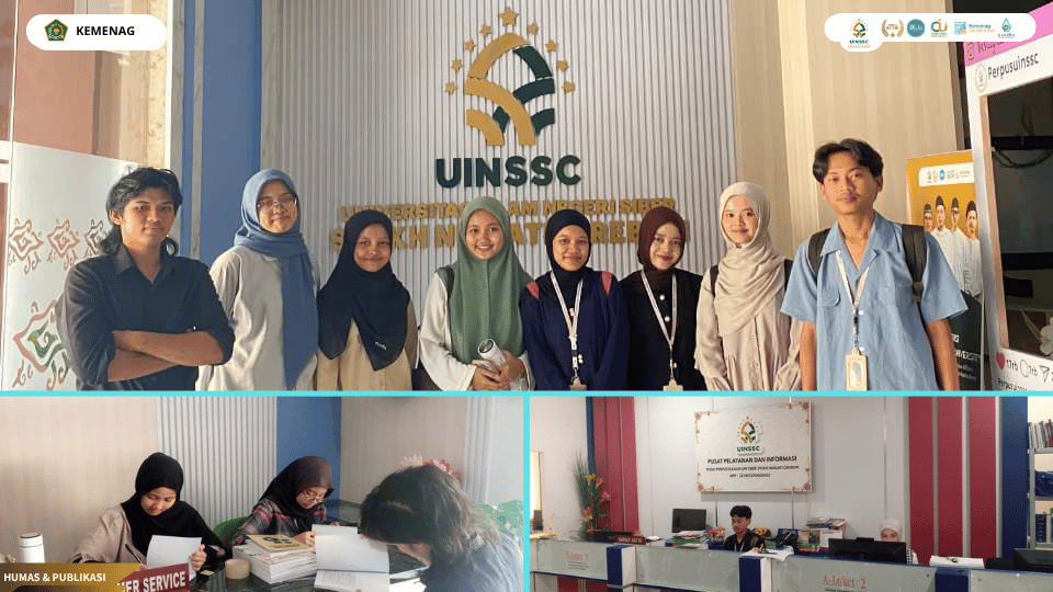 Mahasiswa KKN Rekognisi UIN Siber Syekh Nurjati Cirebon membantu layanan sirkulasi dan referensi di Perpustakaan UIN Siber Syekh Nurjati Cirebon.