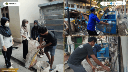 Mahasiswa KKN UIN Siber Cirebon mengikuti proses pengambilan sampah bersama petugas kebersihan Desa Gebang Mekar.