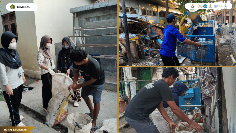 Mahasiswa KKN UIN Siber Cirebon mengikuti proses pengambilan sampah bersama petugas kebersihan Desa Gebang Mekar.