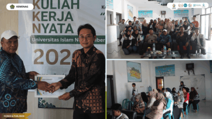 KKN Kelompok 26 UIN Siber Cirebon menggelar seminar Digital Learning Innovation 5.0 bagi guru di Balai Desa Mundumesigit.