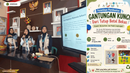 Mahasiswa KKN 126 UIN SSC mendampingi kader PKK membuat gantungan kunci dari tutup botol bekas