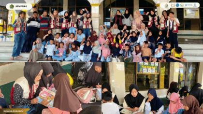 Mahasiswa KKN 56 mendampingi anak-anak Desa Kroya dalam kegiatan Gerakan Membaca Anak GEMA
