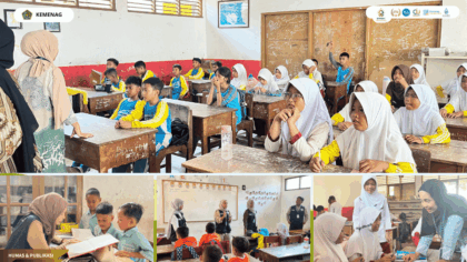 Mahasiswa KKN Kelompok 22 UIN Siber Syekh Nurjati Cirebon mendampingi siswa mengikuti pre-test literasi di SDN 1 Bandengan.