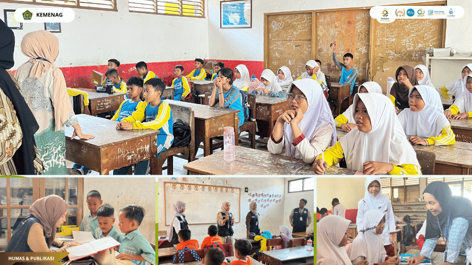 Mahasiswa KKN Kelompok 22 UIN Siber Syekh Nurjati Cirebon mendampingi siswa mengikuti pre-test literasi di SDN 1 Bandengan.