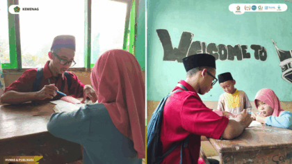 Mahasiswa KKN Kelompok 45 UIN Siber Syekh Nurjati Cirebon mendampingi santri belajar membaca Al-Qur'an dan Iqra di Madrasah Diniyah Desa Mayung.