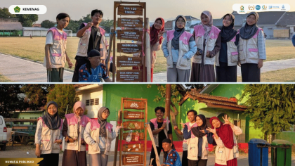 Mahasiswa KKN Kelompok 120 UIN Siber Cirebon memasang Papan Edukasi pemilahan sampah di Desa Klangenan.