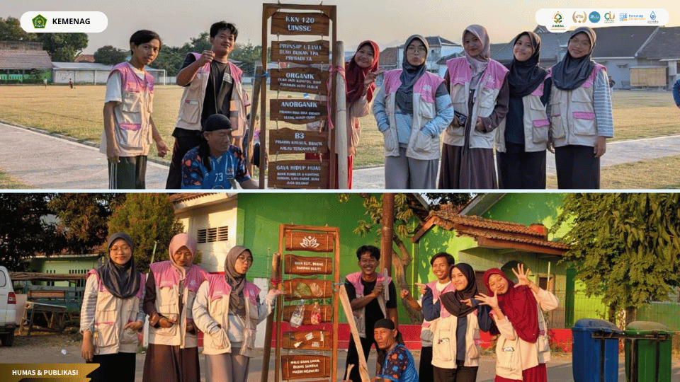 Mahasiswa KKN Kelompok 120 UIN Siber Cirebon memasang Papan Edukasi pemilahan sampah di Desa Klangenan.