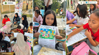 Mahasiswa KKN UIN Siber Cirebon Kelompok 120 mendampingi anak-anak dalam program Mozaik Cerita Cilik di Desa Klangenan.
