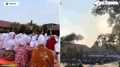 Mahasiswa PLP UIN Siber Cirebon mendampingi siswa SMPN 2 Plered dalam pembiasaan salat Dhuha berjamaah.
