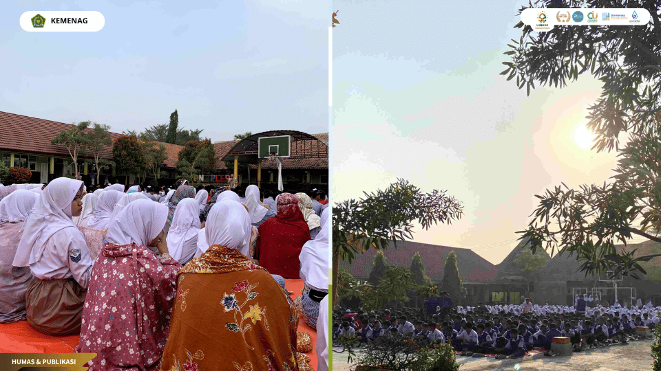 Mahasiswa PLP UIN Siber Cirebon mendampingi siswa SMPN 2 Plered dalam pembiasaan salat Dhuha berjamaah.