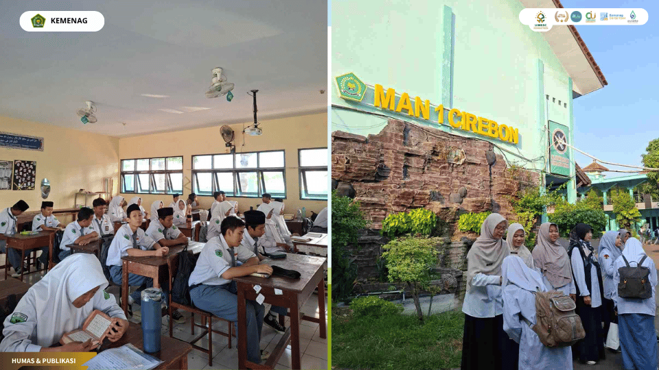 Mahasiswa PLP UIN Siber Cirebon menyambut peserta didik dalam kegiatan pembiasaan pagi di MAN 1 Kabupaten Cirebon.