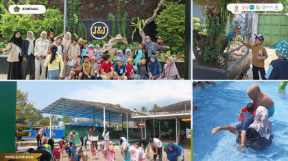 Siswa TK dan SD Siber Syekh Nurjati Labschool mengikuti kegiatan outing class berenang di Taman Rekreasi J&J Kuningan.