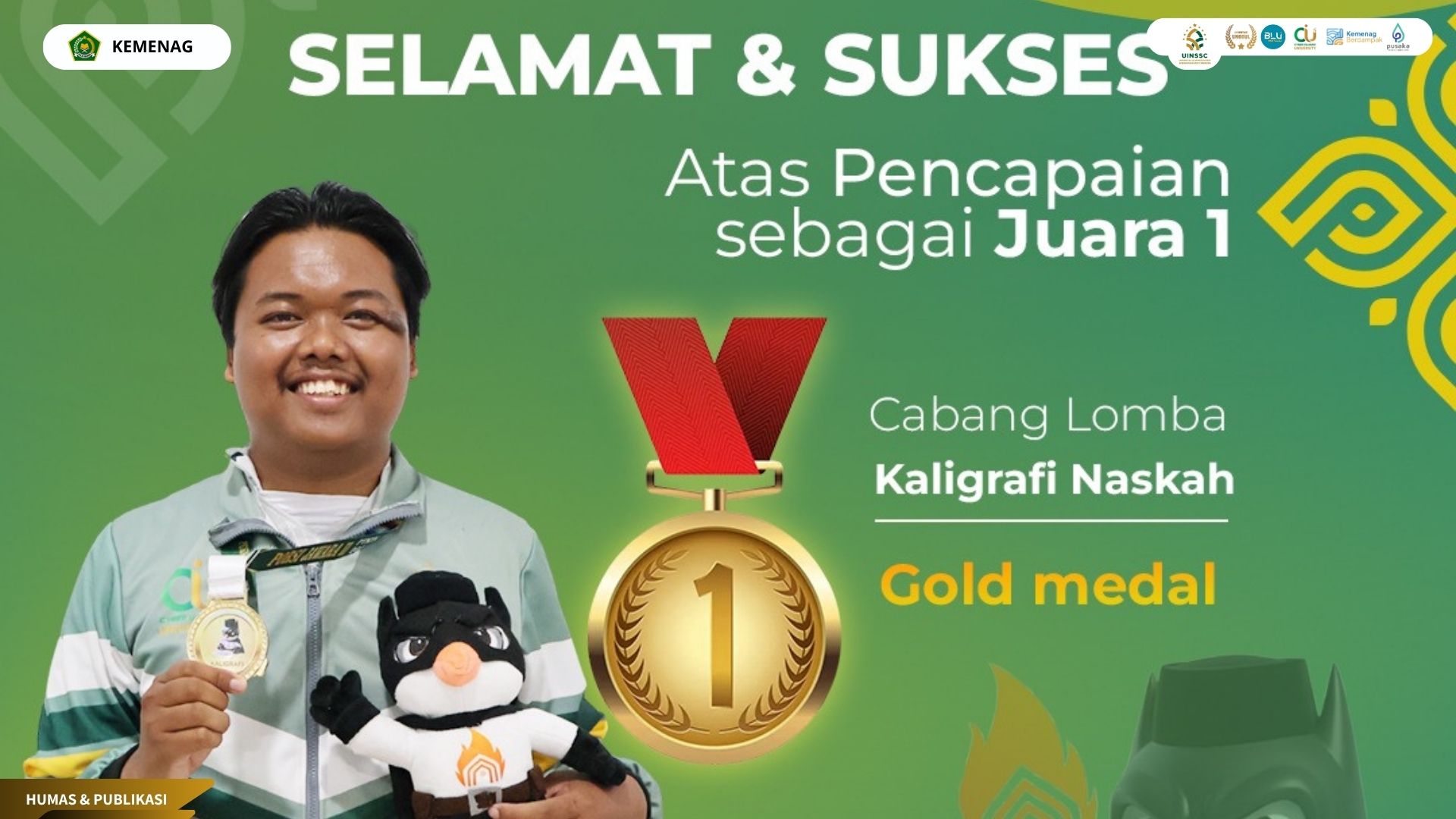 Adit Baiturrochman Juara I Kaligrafi Naskah, Bawa UIN Siber Cirebon ke Puncak PORSI Jawara II