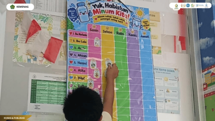Anak-anak menggunakan Papan Minum Ceria untuk memantau kebiasaan minum air putih di sekolah.