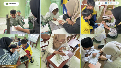 Mahasiswa PLP PGMI UIN Siber Cirebon mendampingi siswa membaca di MIN 4 Cirebon.