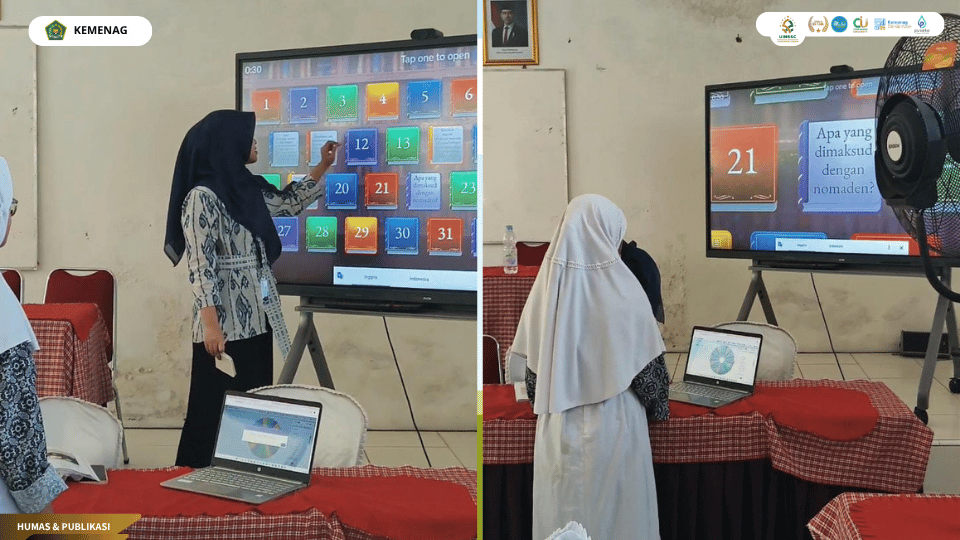 Mahasiswa PLP FITK UIN Siber Cirebon memanfaatkan media Open the Box berbasis Wordwall untuk mengajak siswa SMPN 1 Dukupuntang belajar materi zaman praaksara secara interaktif